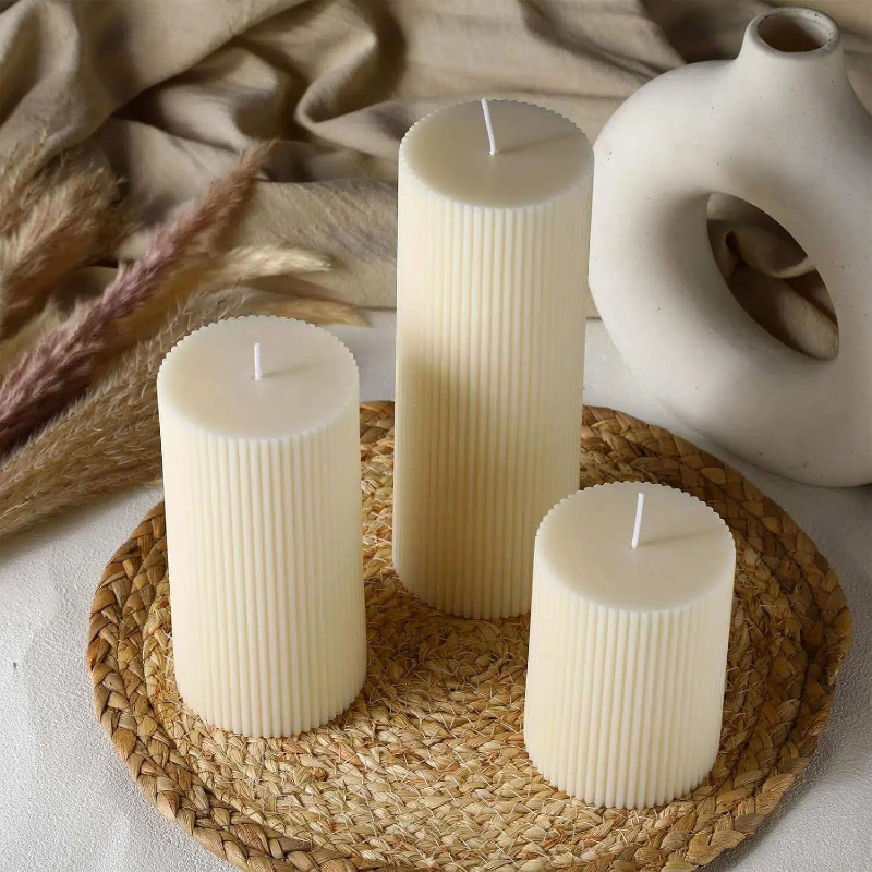 Eco-Friendly Set 3 Modern Large Long Burning Paraffin Ribbed Pillar Candles