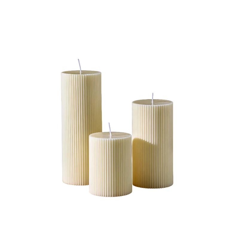 Eco-Friendly Set 3 Modern Large Long Burning Paraffin Ribbed Pillar Candles